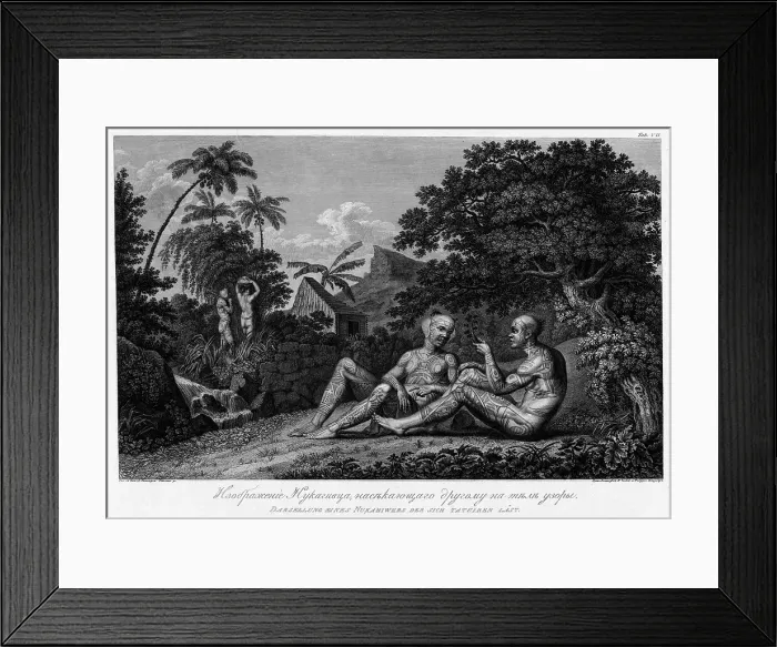 Framed Print : Illustration of a Nukagiva Man Making Tattoos on Another Man's Body, 1813. Creators: Ivan Vasil'evich Chesky, Ignaz Sebastian Klauber Framed Print : Illustration of a Nukagiva Man Making Tattoos on Another Man's Body, 1813. Creators: Ivan Vasil'evich Chesky, Ignaz Sebastian Klauber