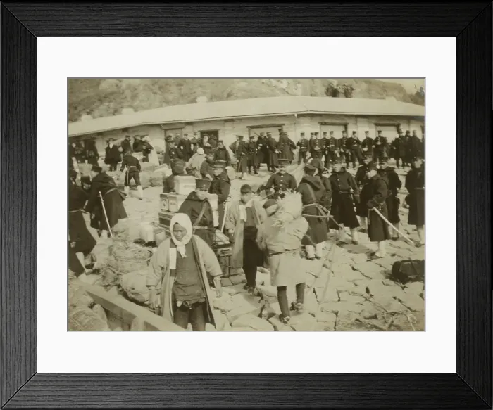 Framed Print : Japanese cavalry troops watching over their supplies on the beach at Chemulpo, 1904. Creator: Robert Lee Dunn Framed Print : Japanese cavalry troops watching over their supplies on the beach at Chemulpo, 1904. Creator: Robert Lee Dunn