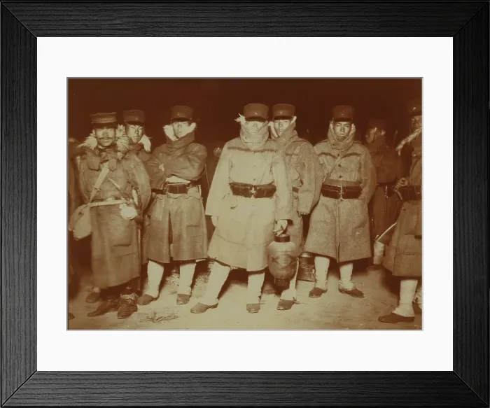 Framed Print : Japanese soldiers landed at Chemulpo after naval battle, waiting on a beach to entrain... c1904. Creator: Robert Lee Dunn Framed Print : Japanese soldiers landed at Chemulpo after naval battle, waiting on a beach to entrain... c1904. Creator: Robert Lee Dunn