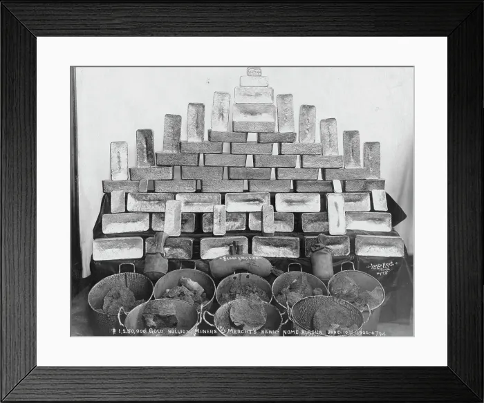 Framed Print : $1, 250, 000 in gold bullion at Miners and Merchants Bank, 1906. Creator: Lomen Brothers Framed Print : $1, 250, 000 in gold bullion at Miners and Merchants Bank, 1906. Creator: Lomen Brothers