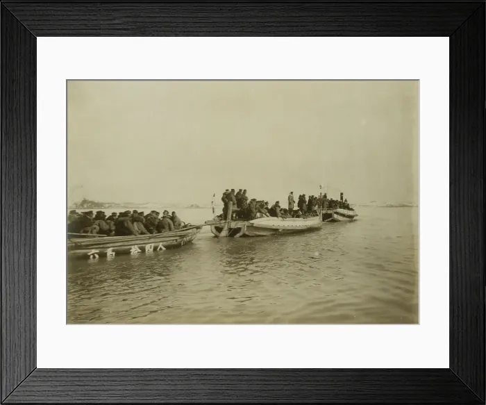 Framed Print : Steam launch carrying six over-crowded boat loads soldiers to landing, Chemulpo, c1904. Creator: Robert Lee Dunn Framed Print : Steam launch carrying six over-crowded boat loads soldiers to landing, Chemulpo, c1904. Creator: Robert Lee Dunn