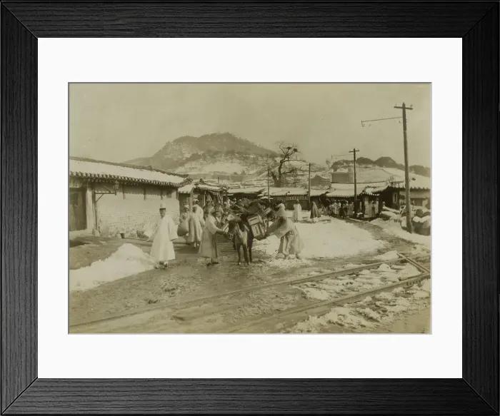 Framed Print : First arrival pack horses, Seoul, bound north, c1904. Creator: Robert Lee Dunn Framed Print : First arrival pack horses, Seoul, bound north, c1904. Creator: Robert Lee Dunn