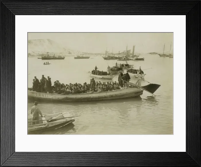 Framed Print : String of pontoons in tow of stream launch, approaching landing stage, Chemulpo, c1904. Creator: Robert Lee Dunn Framed Print : String of pontoons in tow of stream launch, approaching landing stage, Chemulpo, c1904. Creator: Robert Lee Dunn