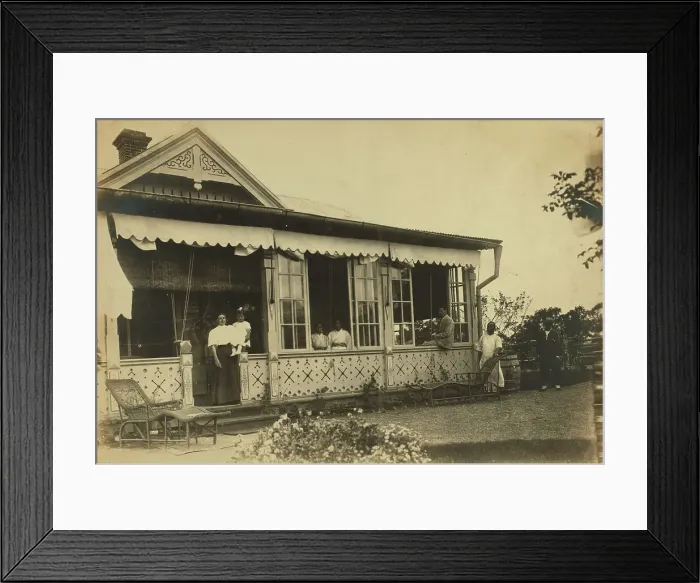 Framed Print : Dacha Seyuza, with the Pray family and servants posed on the front porch... between 1907 and 1909. Creator: Eleanor Lord Pray Framed Print : Dacha Seyuza, with the Pray family and servants posed on the front porch... between 1907 and 1909. Creator: Eleanor Lord Pray