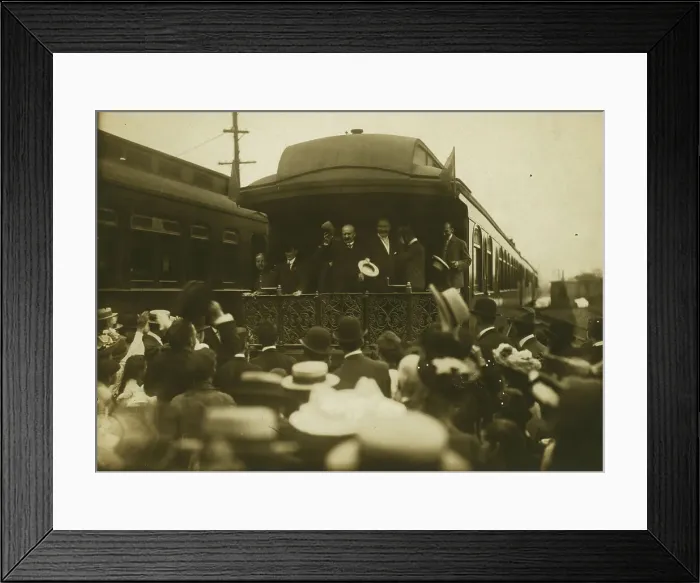 Framed Print : Russian diplomats waving at crowds from the back of a train car, 1905. Creator: Unknown Framed Print : Russian diplomats waving at crowds from the back of a train car, 1905. Creator: Unknown