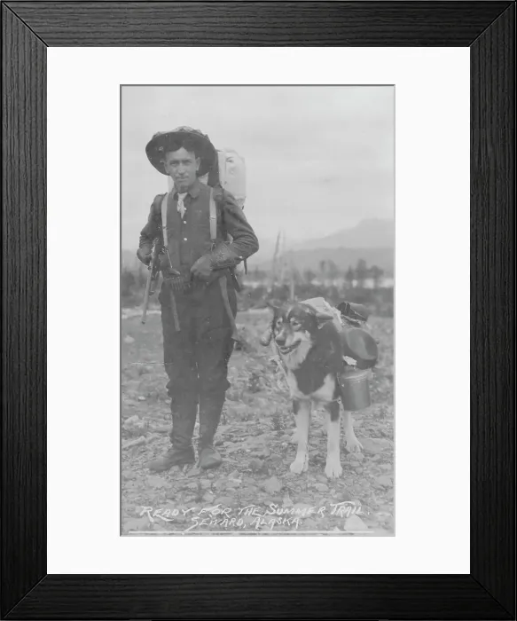 Framed Print : Prospector and dog ready for the summer trail, between c1900 and 1916. Creator: Unknown Framed Print : Prospector and dog ready for the summer trail, between c1900 and 1916. Creator: Unknown