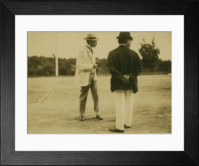 Framed Print : Two men, probably journalists, standing on a field, 1905. Creator: Unknown Framed Print : Two men, probably journalists, standing on a field, 1905. Creator: Unknown