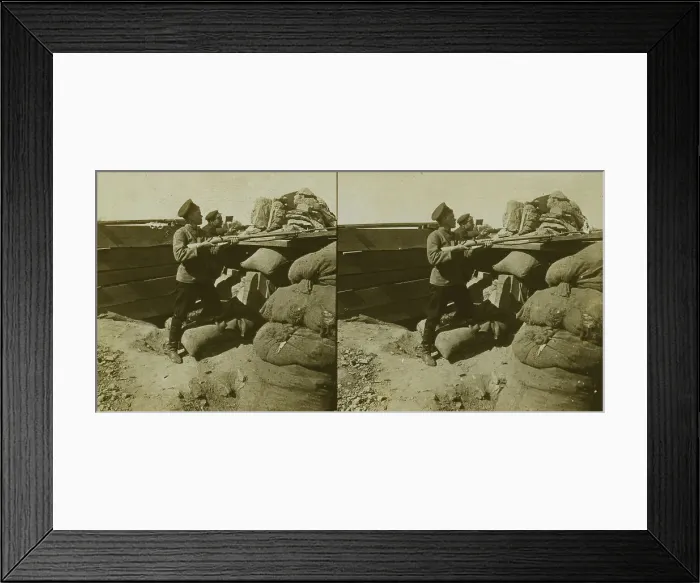 Framed Print : Inside a Russian fort during the siege - shell marks around a dummy gun - Port Arthur, c1905. Creator: Underwood & Underwood. Inside a Russian fort during the siege - shell marks around a dummy gun - Port Arthur, c1905 Framed Print : Inside a Russian fort during the siege - shell marks around a dummy gun - Port Arthur, c1905. Creator: Underwood & Underwood. Inside a Russian fort during the siege - shell marks around a dummy gun - Port Arthur, c1905