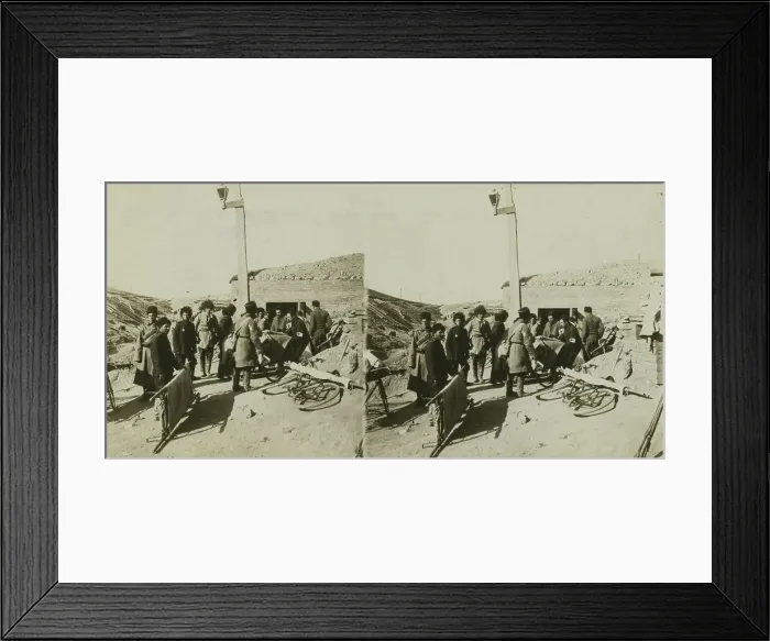 Framed Print : Bicycle stretchers bringing Russian wounded to a surgical station -- siege of Port Arthur, c1905. Creator: Underwood & Underwood. Bicycle stretchers bringing Russian wounded to a surgical station -- siege of Port Arthur, c1905