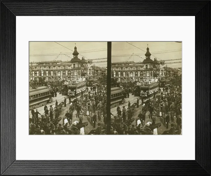 Framed Print : Crowds on a Tokyo street, near the train station(?), during the celebration of Admiral... c1905. Creator: Underwood & Underwood. Crowds on a Tokyo street, near the train station(?), during the celebration of Admiral... c1905 Framed Print : Crowds on a Tokyo street, near the train station(?), during the celebration of Admiral... c1905. Creator: Underwood & Underwood. Crowds on a Tokyo street, near the train station(?), during the celebration of Admiral... c1905