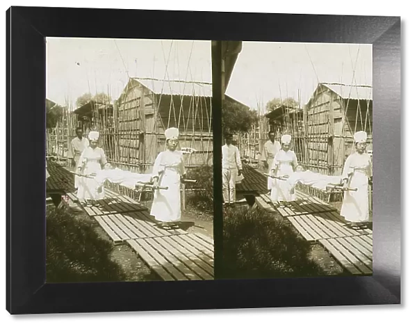 Japanese nurses carrying a patient on a stretcher, c1905. Creator: Underwood & Underwood. Japanese nurses carrying a patient on a stretcher, c1905. Creator: Underwood & Underwood