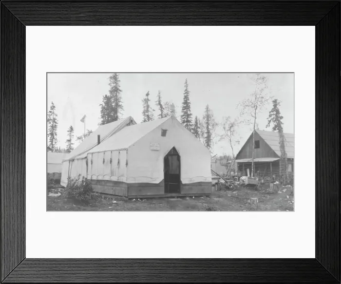 Framed Print : Tent next to log cabin, between c1900 and 1916. Creator: Unknown Framed Print : Tent next to log cabin, between c1900 and 1916. Creator: Unknown
