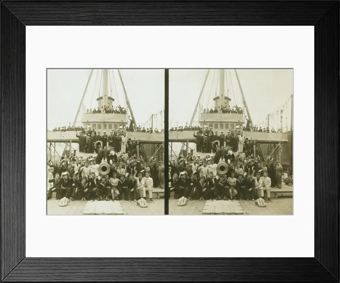 Framed Print : Sailors, probably American, and some civilians posed on a cruiser berthed in New York(?), c1905. Creator: Underwood & Underwood. Sailors, probably American, and some civilians posed on a cruiser berthed in New York(?), c1905 Framed Print : Sailors, probably American, and some civilians posed on a cruiser berthed in New York(?), c1905. Creator: Underwood & Underwood. Sailors, probably American, and some civilians posed on a cruiser berthed in New York(?), c1905