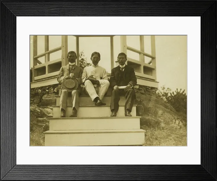 Framed Print : Three Japanese men, possibly journalists, seated on the steps of a gazebo, 1905. Creator: Unknown Framed Print : Three Japanese men, possibly journalists, seated on the steps of a gazebo, 1905. Creator: Unknown