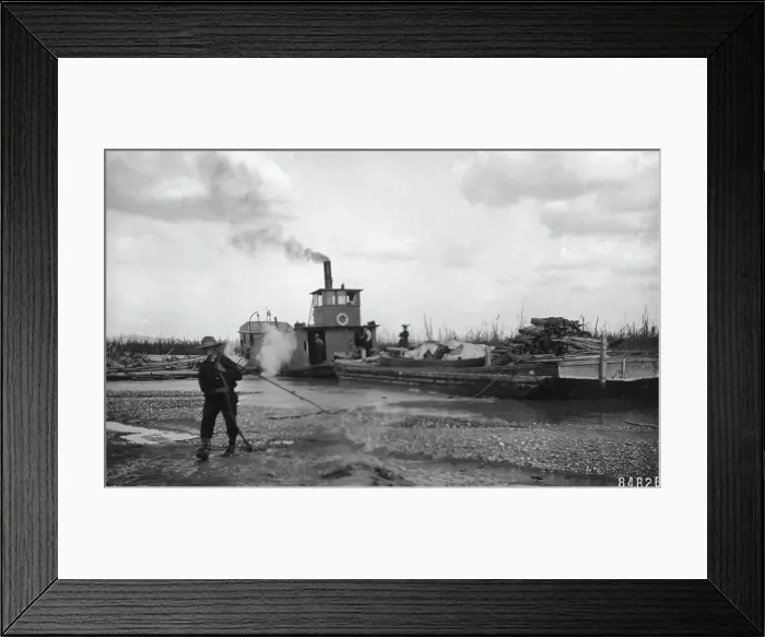 Framed Print : Steamer Little Delta and barge on sand bar, between c1900 and c1930. Creator: Unknown Framed Print : Steamer Little Delta and barge on sand bar, between c1900 and c1930. Creator: Unknown