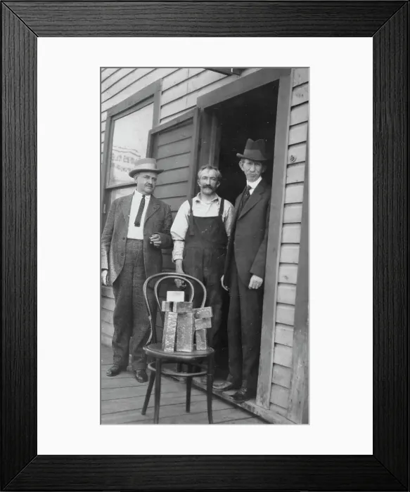 Framed Print : Delegate Wickersham, the assayer and Frank G. Carpenter in front of... between c1900 and 1916. Creator: Unknown Framed Print : Delegate Wickersham, the assayer and Frank G. Carpenter in front of... between c1900 and 1916. Creator: Unknown