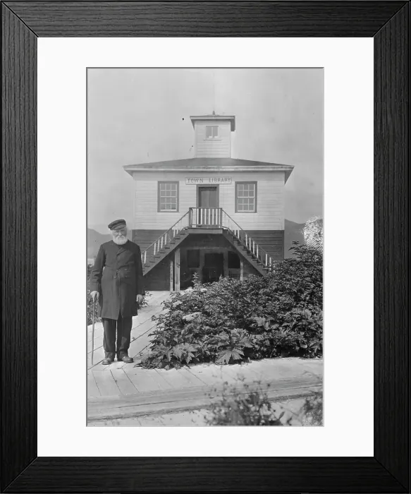 Framed Print : Father William Duncan, a missionary, in front of town library, between c1900 and 1923. Creator: Unknown Framed Print : Father William Duncan, a missionary, in front of town library, between c1900 and 1923. Creator: Unknown