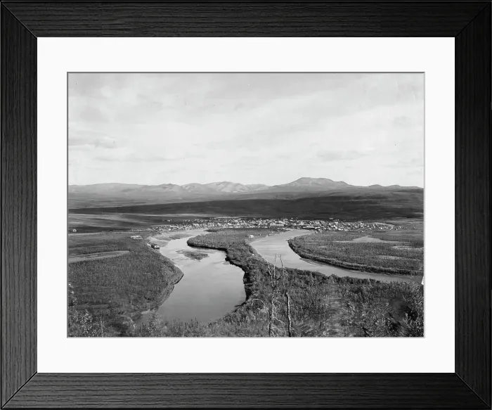 Framed Print : View of town, mountains and streams, between c1900 and c1930. Creator: Unknown Framed Print : View of town, mountains and streams, between c1900 and c1930. Creator: Unknown