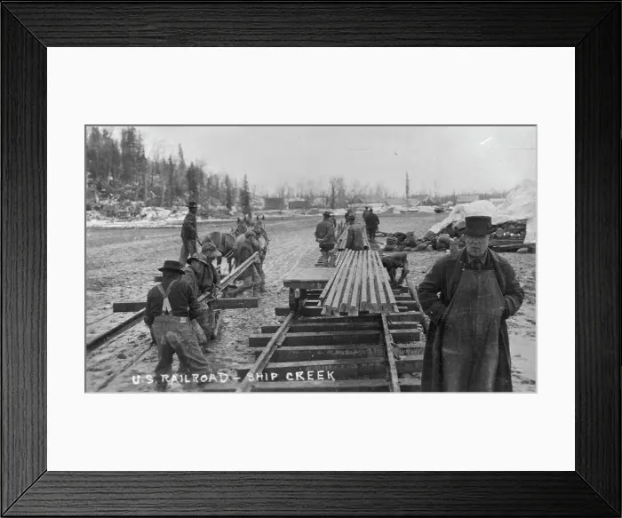 Framed Print : Laying first rails of new U.S. railroad at Ship Creek, between c1900 and c1930. Creator: Unknown Framed Print : Laying first rails of new U.S. railroad at Ship Creek, between c1900 and c1930. Creator: Unknown