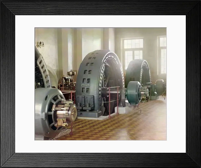Framed Print : Alternators made in Budapest, Hungary, in the power generating hall of a... between 1905-1915. Creator: Sergey Mikhaylovich Prokudin-Gorsky Framed Print : Alternators made in Budapest, Hungary, in the power generating hall of a... between 1905-1915. Creator: Sergey Mikhaylovich Prokudin-Gorsky