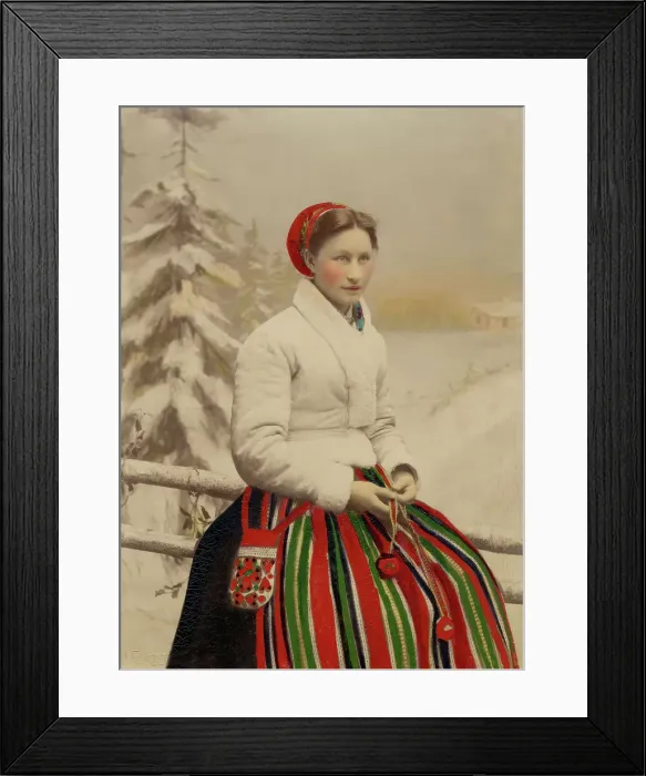Framed Print : A woman in folk costume and white fur-trimmed jacket, 1886-1920. Creator: Helene Edlund Framed Print : A woman in folk costume and white fur-trimmed jacket, 1886-1920. Creator: Helene Edlund