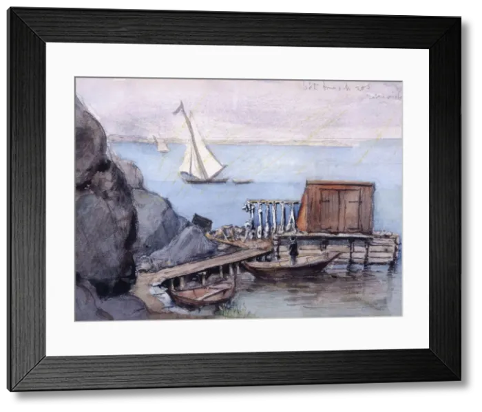 Framed Print : Dock with shed, boats. (c1860s). Creator: Fritz von Dardel Framed Print : Dock with shed, boats. (c1860s). Creator: Fritz von Dardel