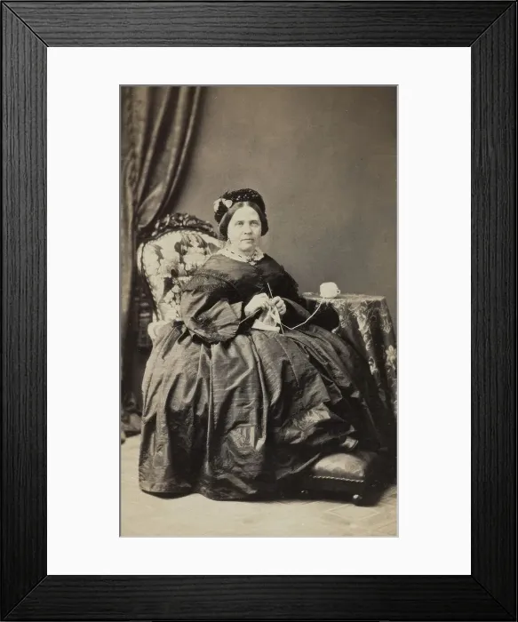 Framed Print : Business card, studio portrait of elderly woman knitting. (c1880s). Creator: Karolina Christianson Framed Print : Business card, studio portrait of elderly woman knitting. (c1880s). Creator: Karolina Christianson