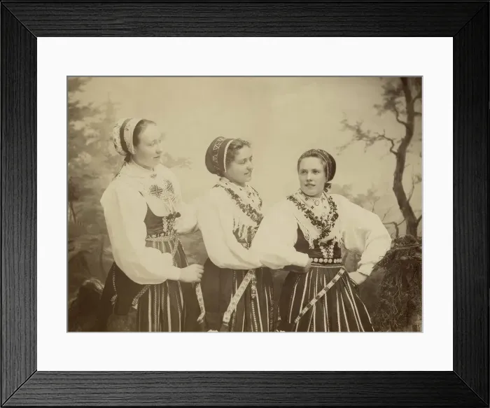 Framed Print : Three young women dressed in costumes from Leksand, Dalarna, 1886-1920. Creator: Helene Edlund Framed Print : Three young women dressed in costumes from Leksand, Dalarna, 1886-1920. Creator: Helene Edlund