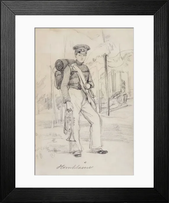 Framed Print : Horn Blower'. Young soldier with pack and instruments. (c1850s). Creator: Fritz von Dardel. Horn Blower'. Young soldier with pack and instruments. (c1850s). Creator: Fritz von Dardel Framed Print : Horn Blower'. Young soldier with pack and instruments. (c1850s). Creator: Fritz von Dardel. Horn Blower'. Young soldier with pack and instruments. (c1850s). Creator: Fritz von Dardel