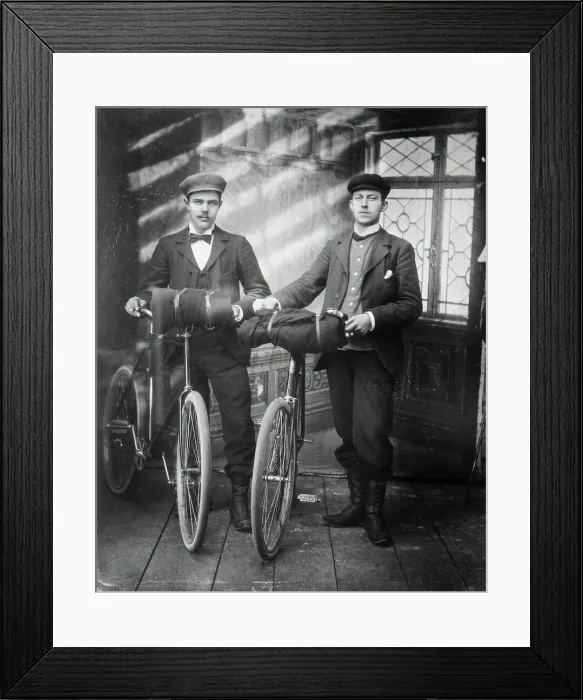 Framed Print : Cyclists in the studio; two men with bicycles, 1890-1910. Creator: Lars Olsson Akerman Framed Print : Cyclists in the studio; two men with bicycles, 1890-1910. Creator: Lars Olsson Akerman