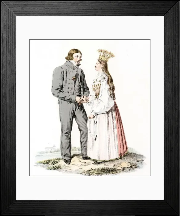 Framed Print : Bridal couple, folk costumes, Östra härad, Jämjö parish, Blekinge. (c19th century) Creator: Unknown Framed Print : Bridal couple, folk costumes, Östra härad, Jämjö parish, Blekinge. (c19th century) Creator: Unknown