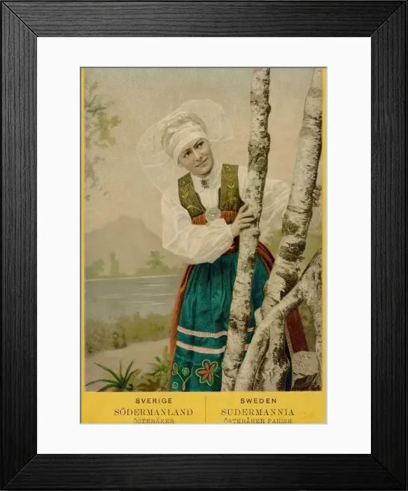 Framed Print : Coloured portrait photograph of a woman looking out from behind birch trunks, 1870-1900. Creator: Unknown Framed Print : Coloured portrait photograph of a woman looking out from behind birch trunks, 1870-1900. Creator: Unknown
