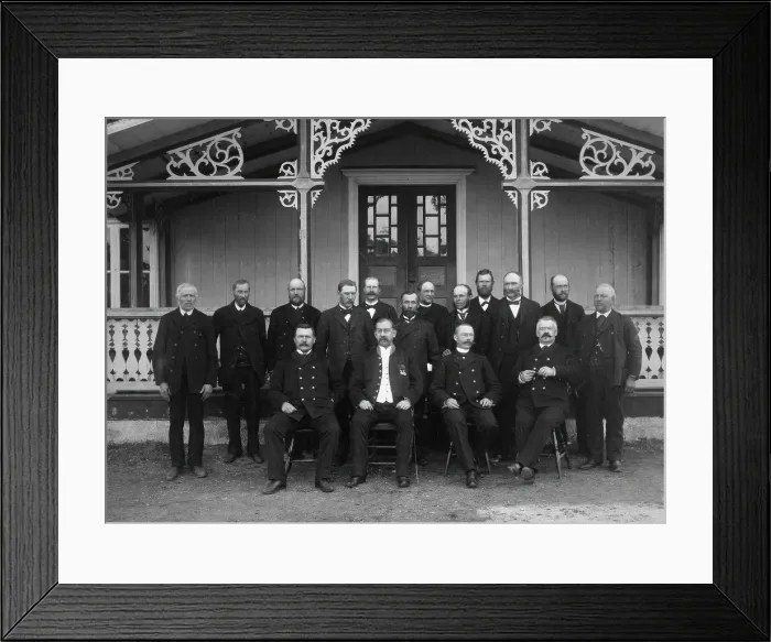 Framed Print : Judges, sheriffs and jurors gathered outside the courthouse for Västra Härad's trial...1900. Creator: Unknown Framed Print : Judges, sheriffs and jurors gathered outside the courthouse for Västra Härad's trial...1900. Creator: Unknown