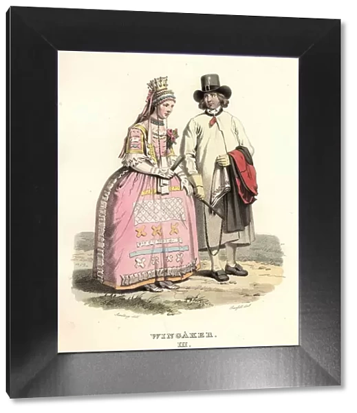 Man and woman in wedding clothes from Vingåker, Södermanland, 'Sandberg  /  Forssell'. Creator: Unknown. Man and woman in wedding clothes from Vingåker, Södermanland, 'Sandberg  /  Forssell'. Creator: Unknown