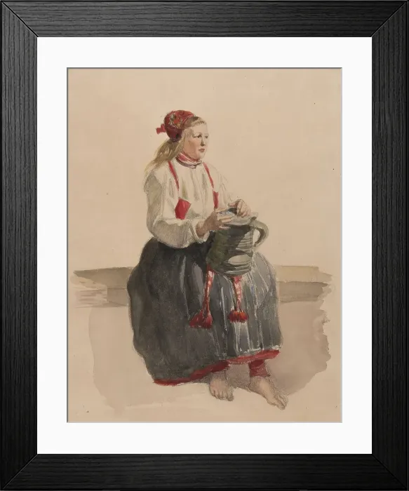 Framed Print : Young woman in costume seated full length. (c1860s). Creator: Vilhelm Wallander Framed Print : Young woman in costume seated full length. (c1860s). Creator: Vilhelm Wallander