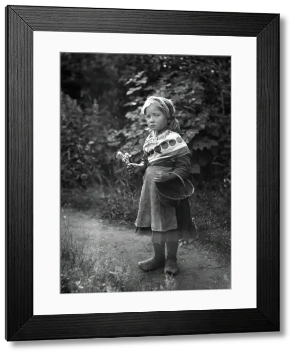 Framed Print : Little girl with basket and flowers in hands, 1898-1900. Creator: Johan Severin Nilson Framed Print : Little girl with basket and flowers in hands, 1898-1900. Creator: Johan Severin Nilson