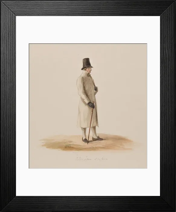 Framed Print : Apparel - Man in white coat with cane, 1840-1868. Farmer from Österåkers sn, Oppunda hd, Söde... Creator: Josef Magnus Shore. Apparel - Man in white coat with cane, 1840-1868 Framed Print : Apparel - Man in white coat with cane, 1840-1868. Farmer from Österåkers sn, Oppunda hd, Söde... Creator: Josef Magnus Shore. Apparel - Man in white coat with cane, 1840-1868