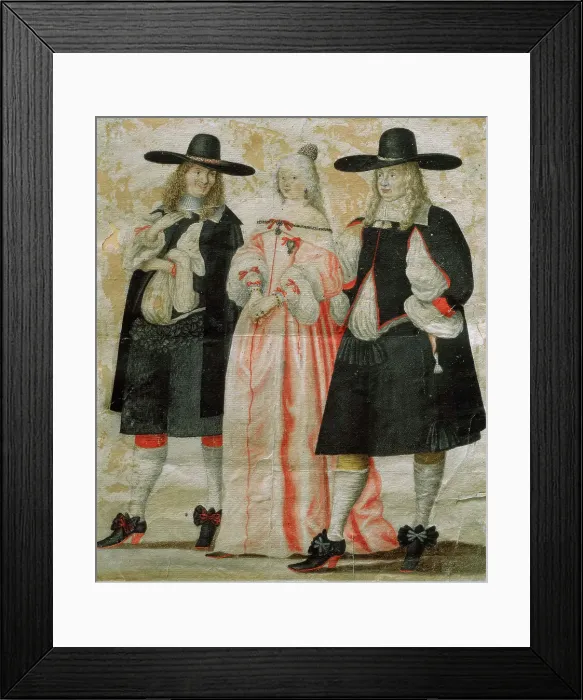 Framed Print : Two men and a woman in 17th century clothing. Creator: Unknown Framed Print : Two men and a woman in 17th century clothing. Creator: Unknown