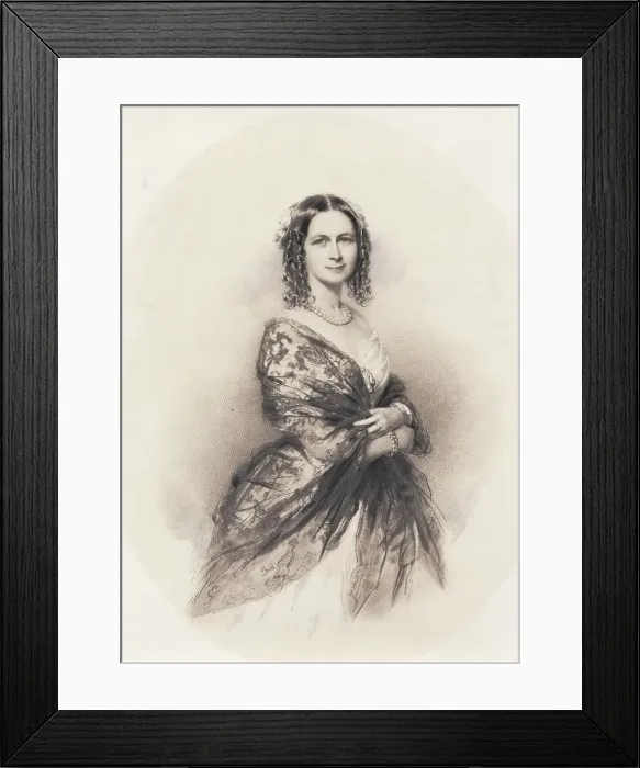 Framed Print : Three-quarter profile portrait of woman in dress with thin patterned shawl, probably 1840s. Creator: Unknown
