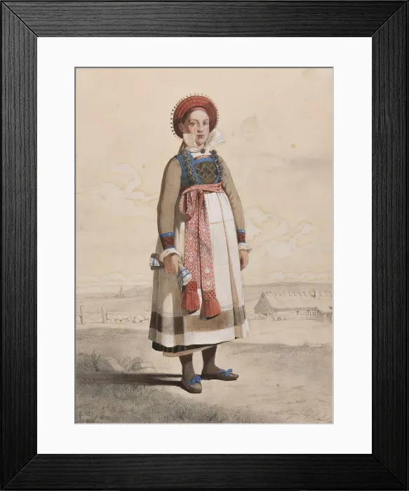 Framed Print : Standing woman in full figure with white apron and woven ribbons, 1810-1857. Creator: Otto Wallgren Framed Print : Standing woman in full figure with white apron and woven ribbons, 1810-1857. Creator: Otto Wallgren