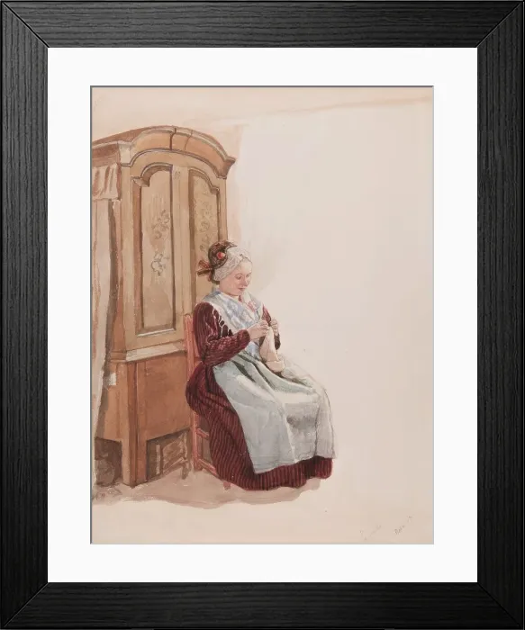 Framed Print : Apparel - Handicraft woman in full figure sitting in front of a cupboard. (c1900s). Creator: AJG Virgin Framed Print : Apparel - Handicraft woman in full figure sitting in front of a cupboard. (c1900s). Creator: AJG Virgin