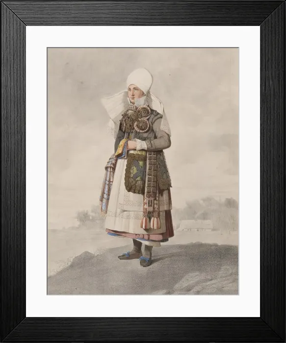 Framed Print : Full-length woman in costume with landscape in the background, 1810-1857. Creator: Otto Wallgren Framed Print : Full-length woman in costume with landscape in the background, 1810-1857. Creator: Otto Wallgren