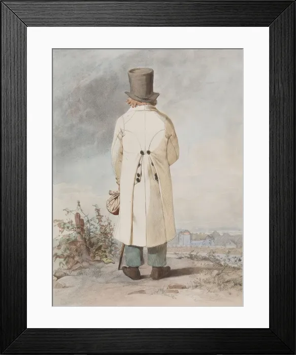 Framed Print : Man in costume with white coat, hat and cane, standing full-length, back view, 1810-1857. Creator: Otto Wallgren Framed Print : Man in costume with white coat, hat and cane, standing full-length, back view, 1810-1857. Creator: Otto Wallgren