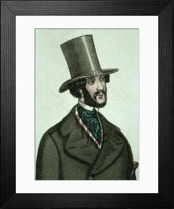 Framed Print : Bearded man wearing tall hat and coat with wide lapels, 1843. Creator: Unknown Framed Print : Bearded man wearing tall hat and coat with wide lapels, 1843. Creator: Unknown