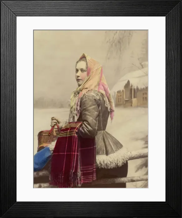 Framed Print : Young girl in fur-trimmed jacket with scarf, 1886-1910. Creator: Helene Edlund