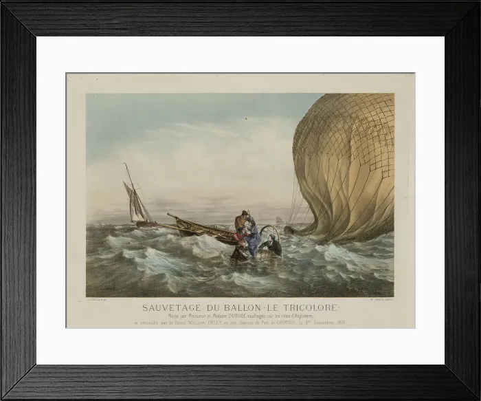 Framed Print : The rescue of Jules and Caroline Duruof from their balloon Le Tricolore off the coast of... 1874. Creator: Anonymous. The rescue of Jules and Caroline Duruof from their balloon Le Tricolore off the coast of... 1874 Framed Print : The rescue of Jules and Caroline Duruof from their balloon Le Tricolore off the coast of... 1874. Creator: Anonymous. The rescue of Jules and Caroline Duruof from their balloon Le Tricolore off the coast of... 1874