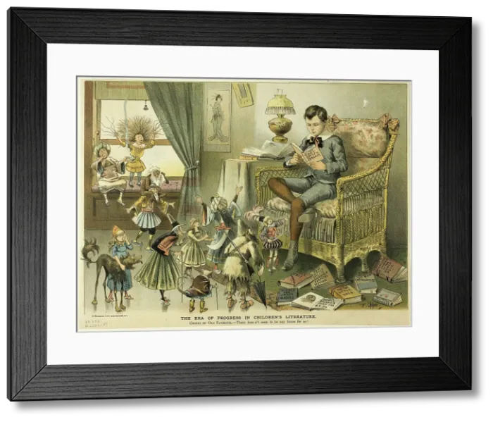 Framed Print : The Era of Progress in Children's Literature, from Puck, c. 1886. Creator: Frederick Burr Opper Framed Print : The Era of Progress in Children's Literature, from Puck, c. 1886. Creator: Frederick Burr Opper
