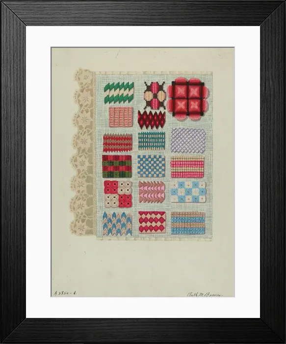 Framed Print : Sampler (Stitching), c. 1937. Creator: Ruth M. Barnes Framed Print : Sampler (Stitching), c. 1937. Creator: Ruth M. Barnes