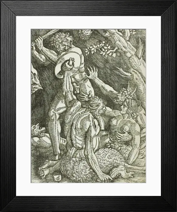 Framed Print : Hercules, Two Satyrs, and a Woman, plate two from The Labors of Hercules, c. 1528. Creator: Gabriel Salmon Framed Print : Hercules, Two Satyrs, and a Woman, plate two from The Labors of Hercules, c. 1528. Creator: Gabriel Salmon