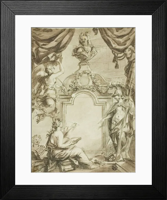 Framed Print : Design for Title page: Clio Taking Dictation from Minerva, n.d. Creator: Gerard de Lairesse Framed Print : Design for Title page: Clio Taking Dictation from Minerva, n.d. Creator: Gerard de Lairesse
